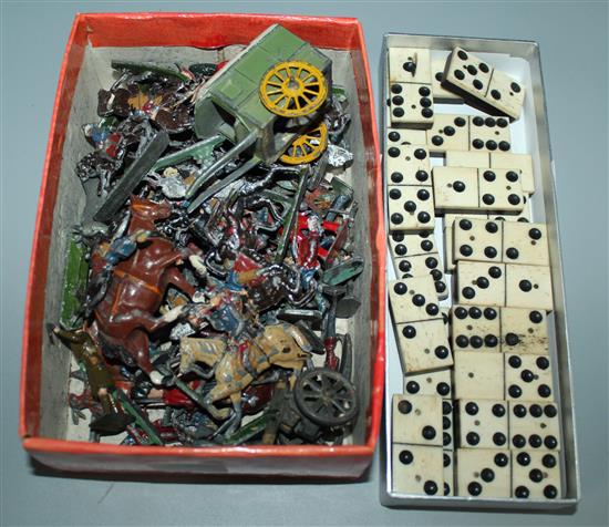 Set of bone and ebony dominoes and a quantity of painted lead soldiers, etc.